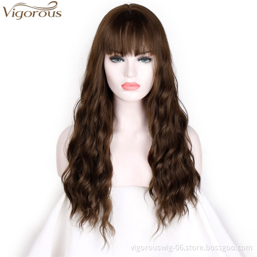 Vigorous 24 Inches Long Wavy Women's Wig Dark Auburn Hair With Bangs Natural Wavy High Temperature Fiber Wig Wholesale